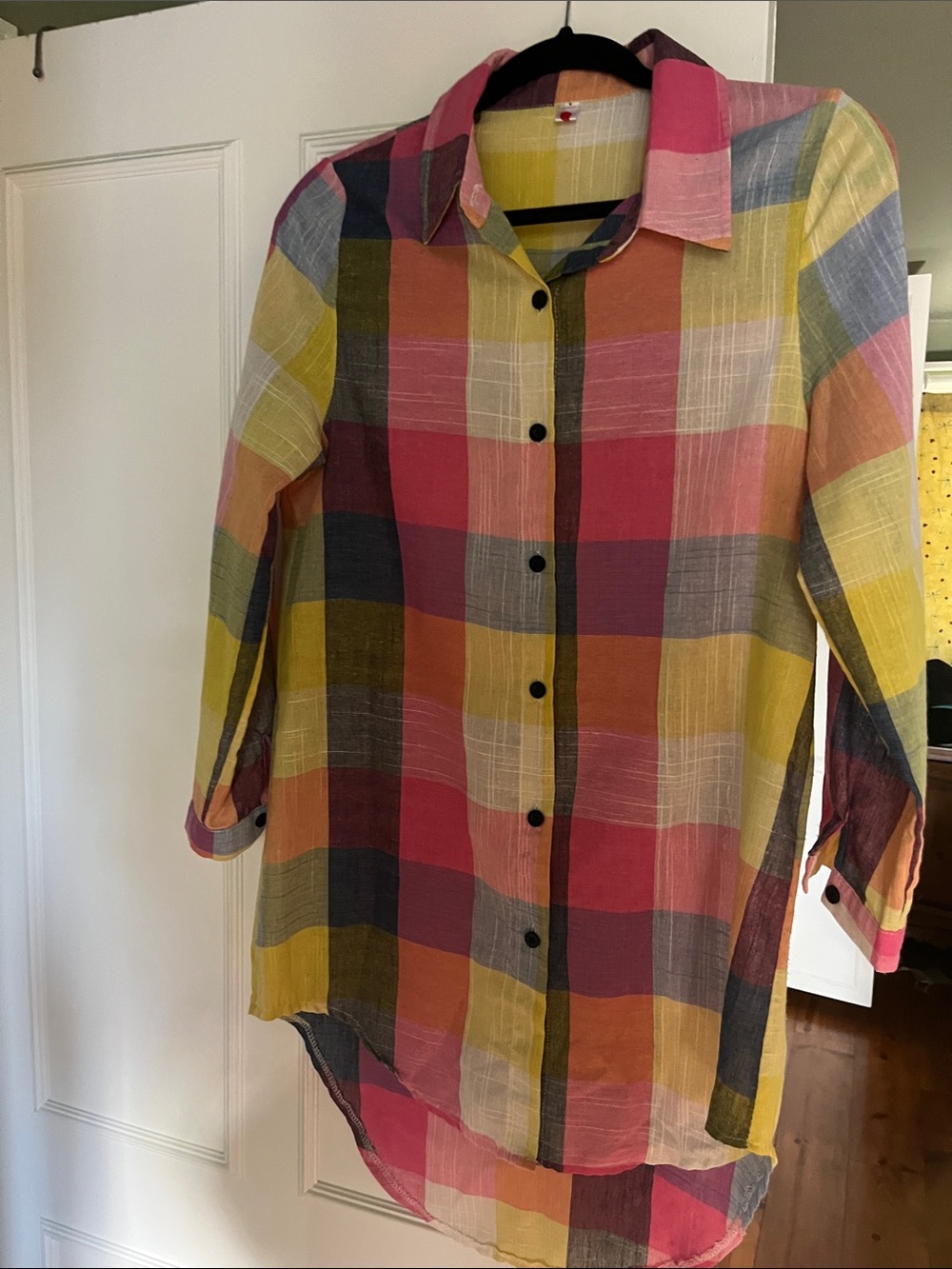 Plaza Multi-Color Plaid Longline Shirt - Pink & Yellow